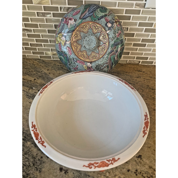 Rose Medallion Antique Chinese Porcelain Export Covered Serving Casserole Dish - Picture 12 of 15